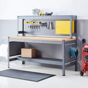 Stół roboczy z nadstawką, oświetleniem i trzema panelami narzędziowymi