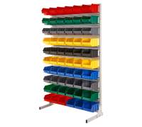 Regał warsztatowy dwustronny z pojemnikami, stojący, 60 pojemników