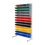 Regał warsztatowy jednostronny z pojemnikami, stojący, 104 pojemniki