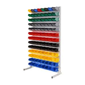 Regał warsztatowy jednostronny z pojemnikami, stojący, 104 pojemniki