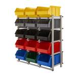 Regał warsztatowy jednostronny z pojemnikami, stojący, 15 pojemników