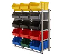 Regał warsztatowy jednostronny z pojemnikami, stojący, 15 pojemników