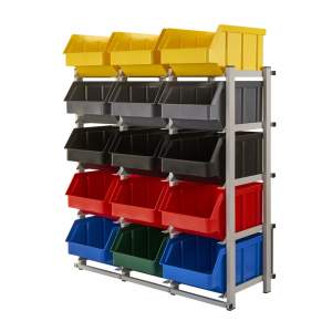 Regał warsztatowy jednostronny z pojemnikami, stojący, 15 pojemników