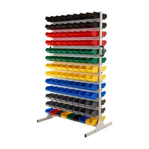 Regał warsztatowy dwustronny z pojemnikami, stojący, 208 pojemników