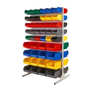 Regał warsztatowy dwustronny z pojemnikami, stojący, 92 pojemniki