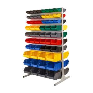 Regał warsztatowy dwustronny z pojemnikami, stojący, 120 pojemników