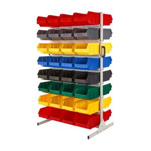 Regał warsztatowy dwustronny z pojemnikami, stojący, 64 pojemniki