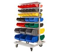 Regał warsztatowy dwustronny z pojemnikami, jezdny, 64 pojemniki