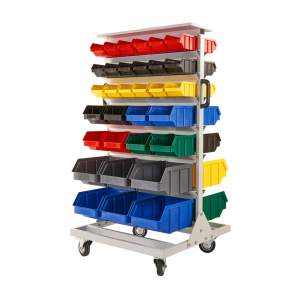 Regał warsztatowy dwustronny z pojemnikami, jezdny, 64 pojemniki