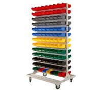 Regał warsztatowy dwustronny z pojemnikami, jezdny, 208 pojemników