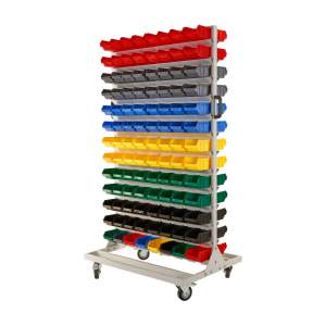 Regał warsztatowy dwustronny z pojemnikami, jezdny, 208 pojemników