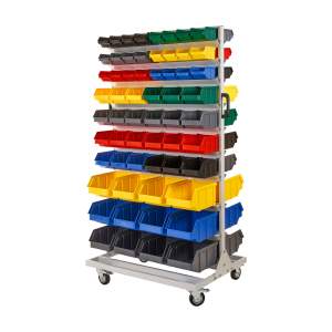 Regał warsztatowy dwustronny z pojemnikami, jezdny, 120 pojemników