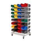 Regał warsztatowy dwustronny z pojemnikami, jezdny, 64 pojemniki