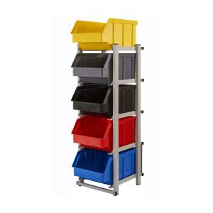 Regał warsztatowy jednostronny z pojemnikami, stojący, 5 pojemników