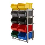 Regał warsztatowy jednostronny z pojemnikami, stojący, 10 pojemników