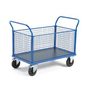 Wózek platformowy TRANSFER, 4 burty z siatki, 1200x800 mm, gumowe koła, z hamulcami