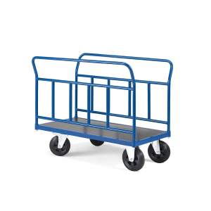 Wózek platformowy TRANSFER, 2 burty z rur stalowych, 900x500 mm, gumowe koła, z hamulcami