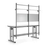 Stół roboczy z regulacją wysokości MOTION, 400 kg, 2000x800 mm, panel narzędziowy + półki