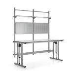 Stół roboczy z regulacją wysokości MOTION, 400 kg, 2000x800 mm, panel narzędziowy + półki