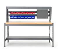 Stół warsztatowy z szyną do zawieszania pojemników i oświetleniem 