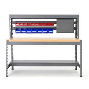 Stół warsztatowy z szyną do zawieszania pojemników i oświetleniem 